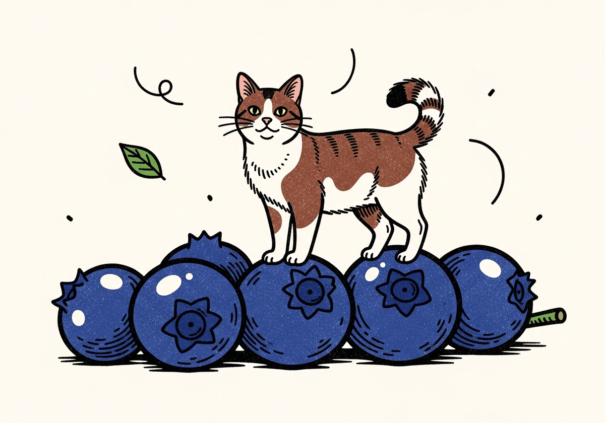 A curious cat stands on blueberries.