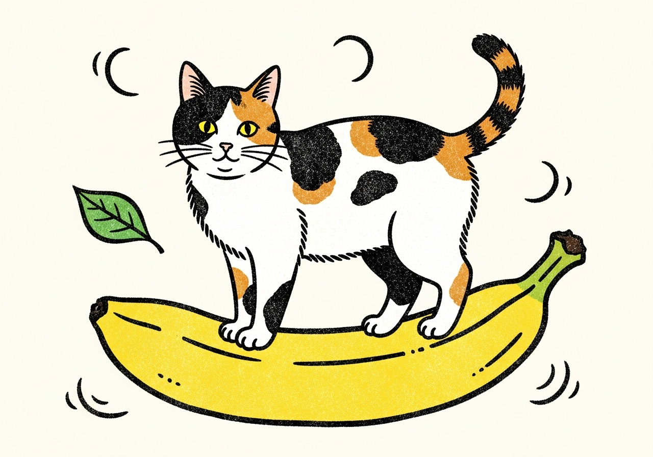 A cat stand on a banana.