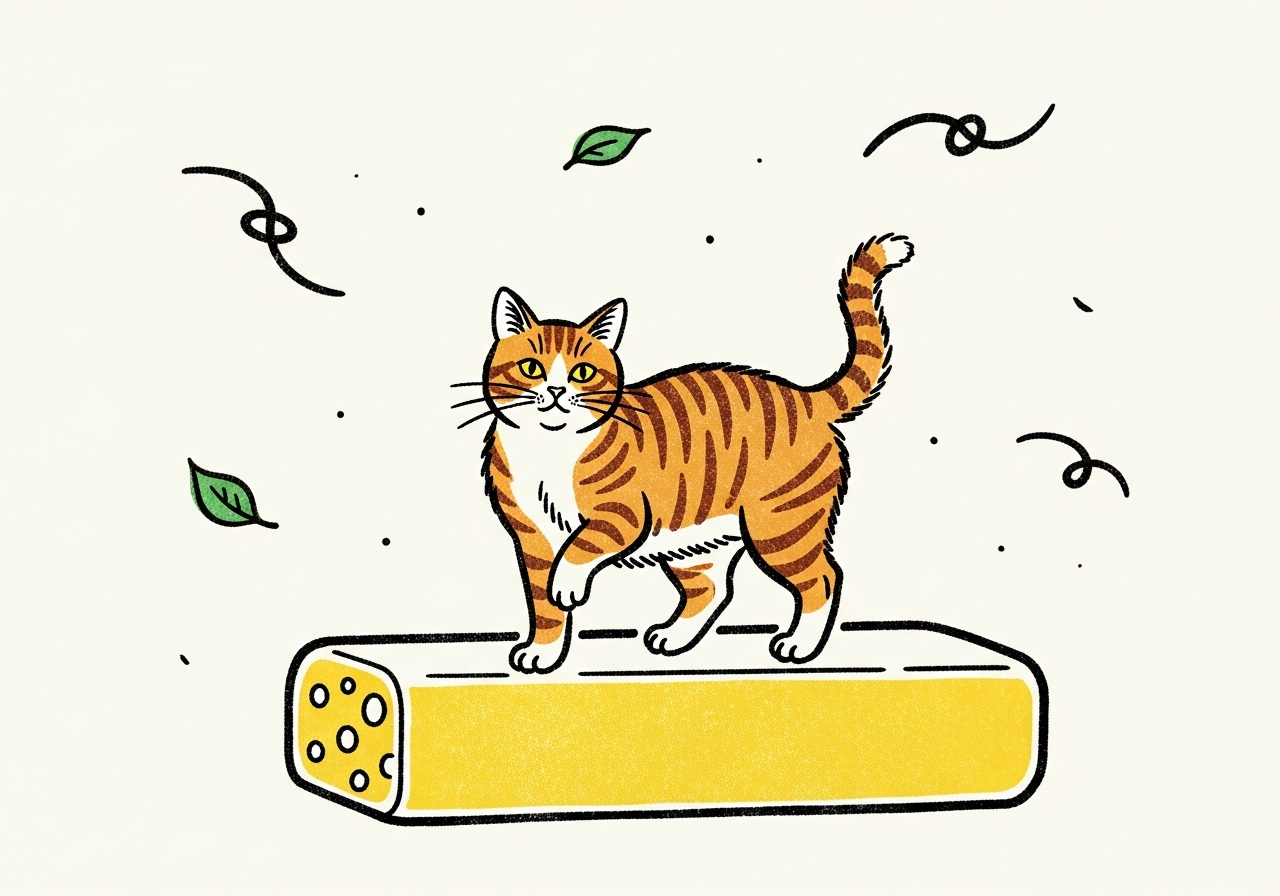 A curious cat stands on cheese.