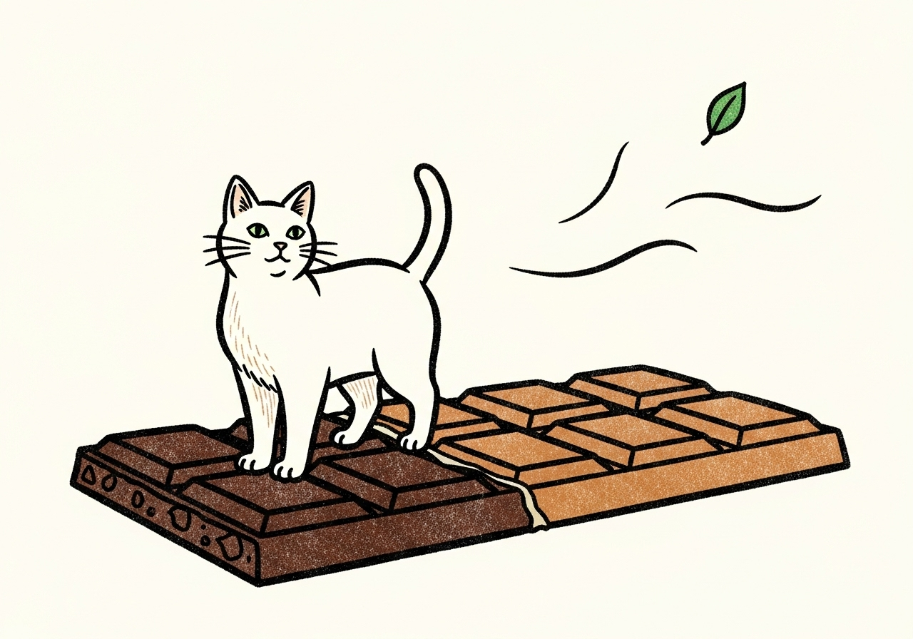 A curious cat stands on chocolate.