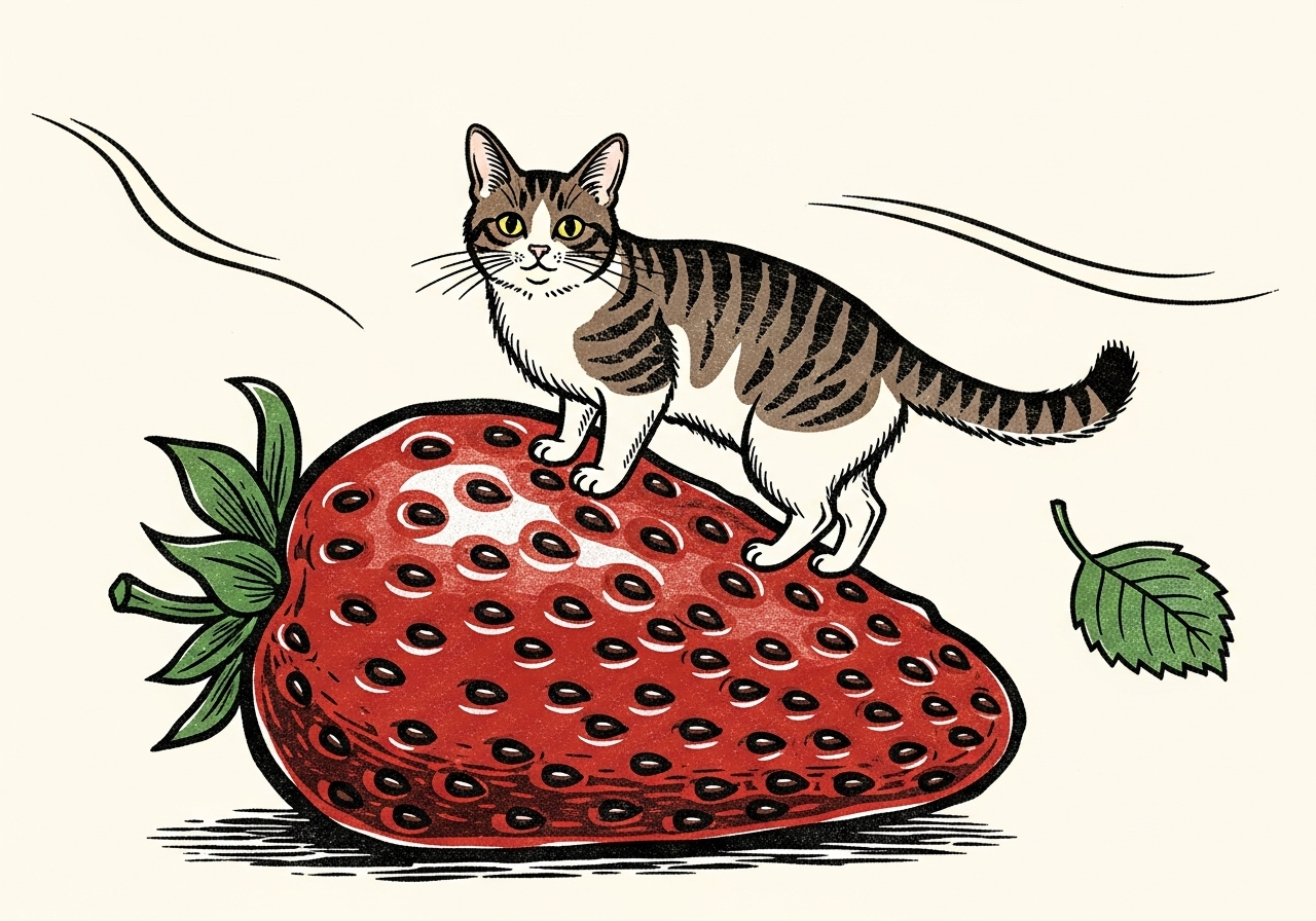 A curious cat stands on strawberries.