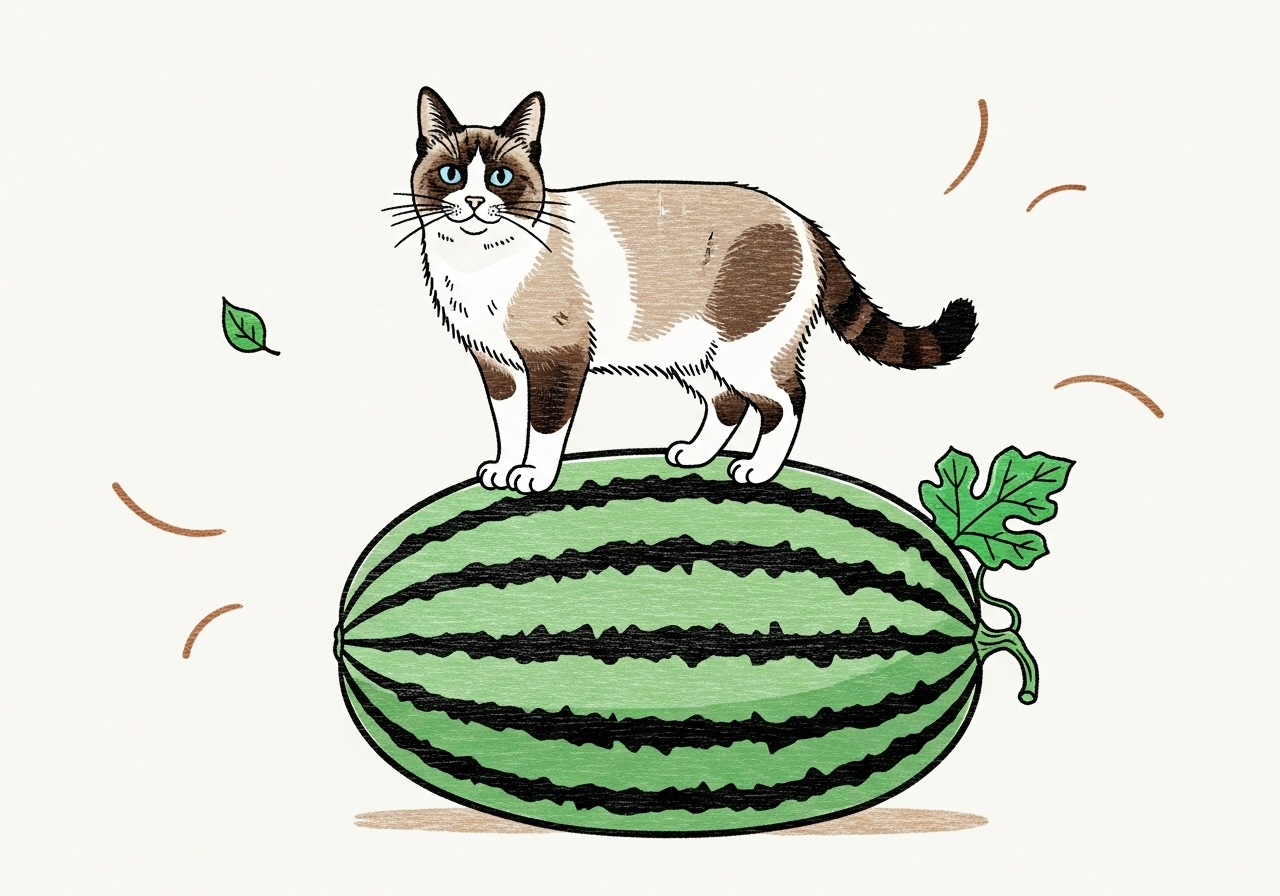 A curious cat stands on watermelon.